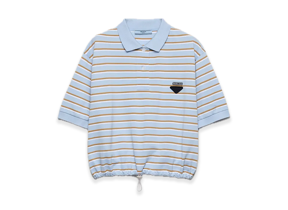 PRADA Cropped Stripe Pique Polo Shirt "Light blue/Camel beige"