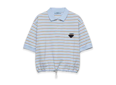 PRADA Cropped Stripe Pique Polo Shirt "Light blue/Camel beige"