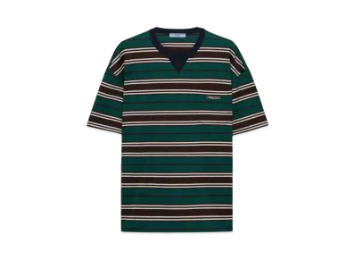 PRADA Women's Striped Lisle Cotton T-Shirt "Dark Brown/Dark Green"