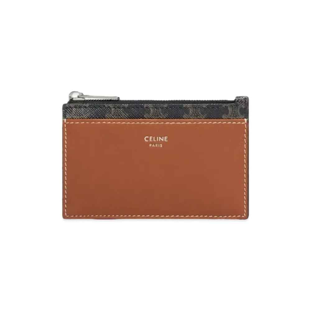 CELINE Zipped Card Holder In Triomphe Canvas and Lambskin "Tan"