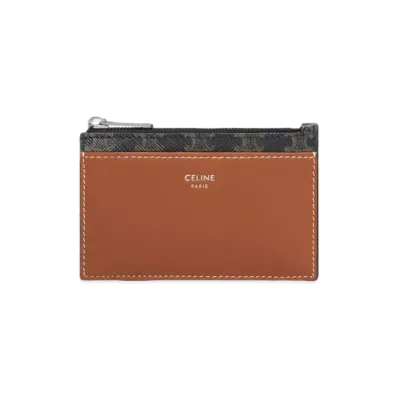 CELINE Zipped Card Holder In Triomphe Canvas and Lambskin "Tan"