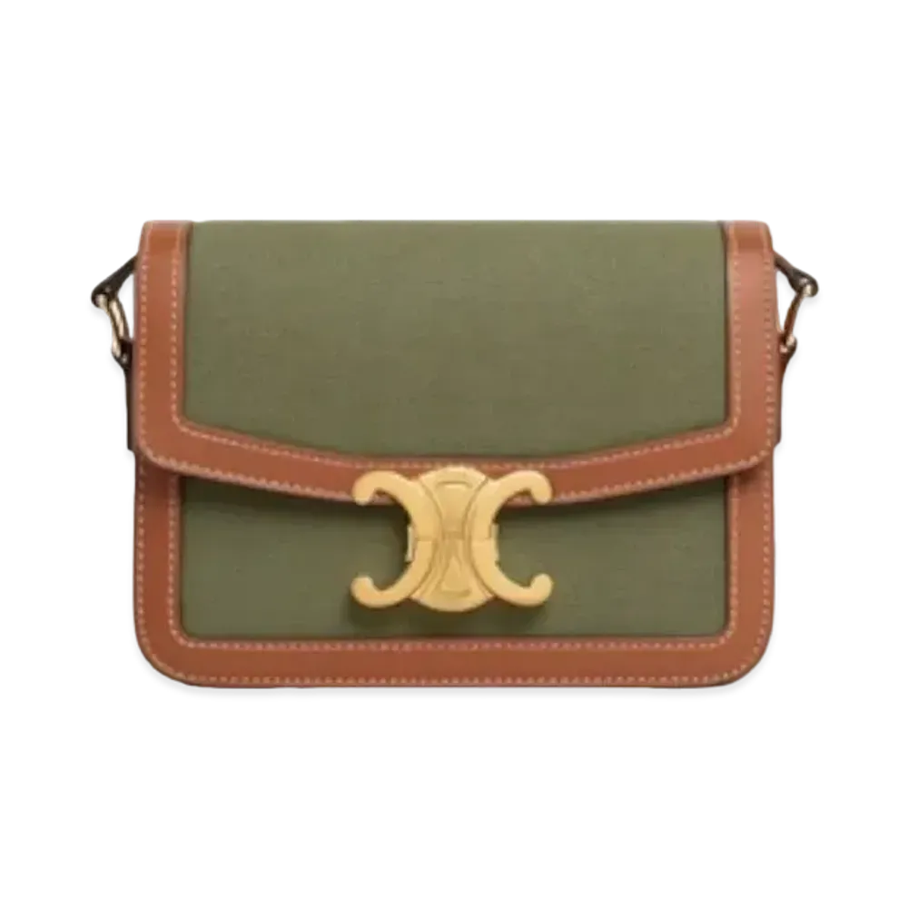 CELINE Teen Triomphe Bag in Raffia and Calfskin "Khaki/Tan"