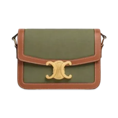 CELINE Teen Triomphe Bag in Raffia and Calfskin "Khaki/Tan"
