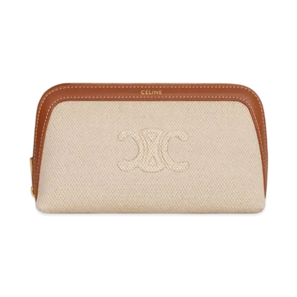 CELINE Small Cosmetic Pouch in Textile with Triomphe and Calfskin "Natural/Tan"