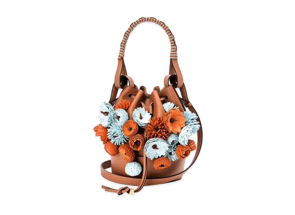 LOEWE Small Flowers Balloon Bag In Classic Calfskin "Tan / Multicolor"