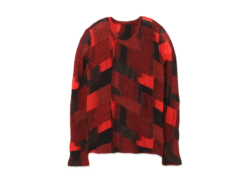 Yohji Yamamoto Y's PATCHWORK CUT JACQUARD FRONT PATCH ROUND NECK T "Red"