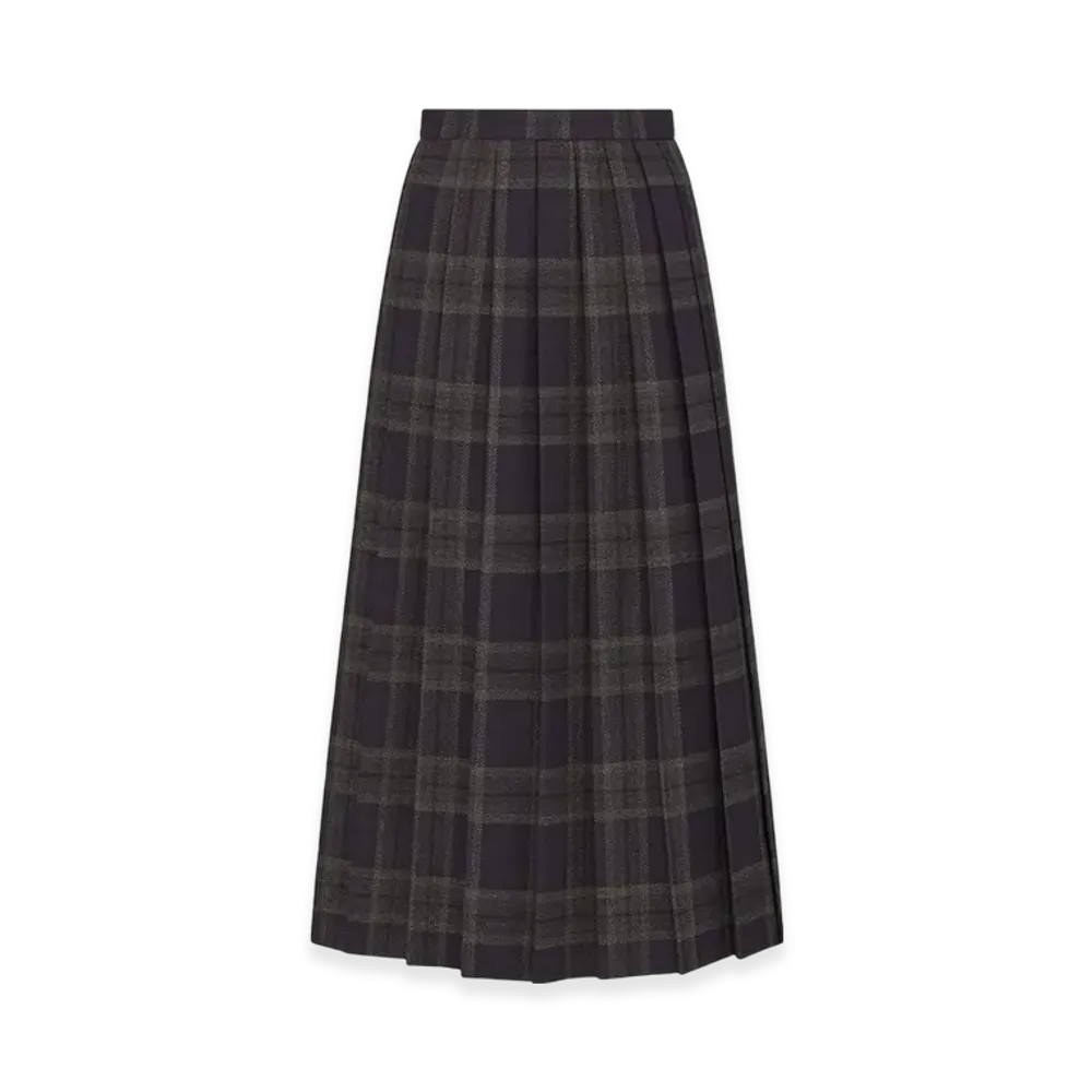 Dior Women's Pleated Long Skirt Check & Tartan Virgin Wool "Gray/Blue"