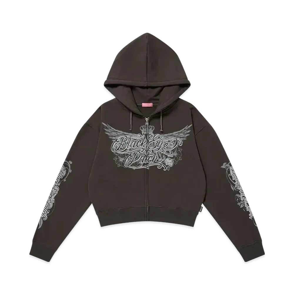 BlackEyePatch Crowned Wings Script Zip Hoodie "Charcoal"