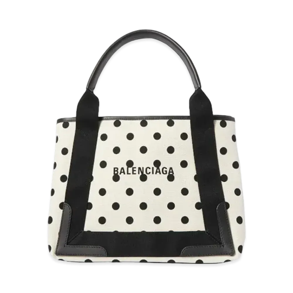 BALENCIAGA Navy Small Cabas In Sprayed Polka Dots Printed Cotton Canvas "White"