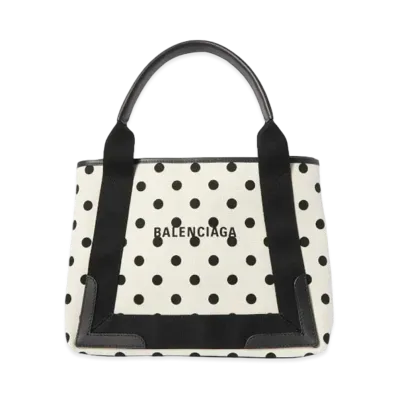 BALENCIAGA Navy Small Cabas In Sprayed Polka Dots Printed Cotton Canvas "White"