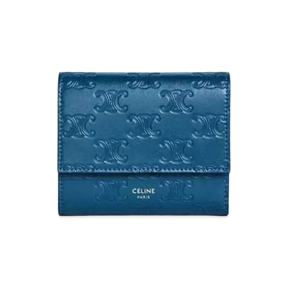 CELINE Small trifold wallet in Embossed smooth calfskin "Petrol"