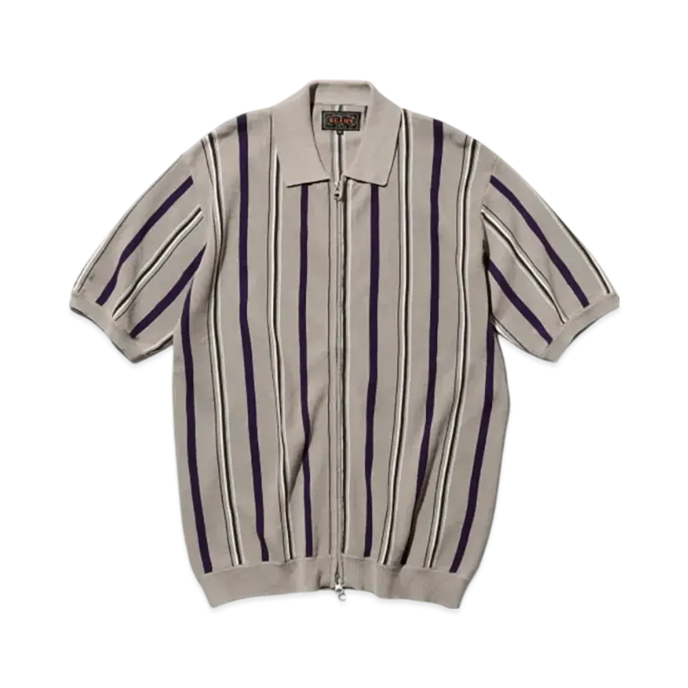 BEAMS Zip Knit Polo Stripe "LightGray"