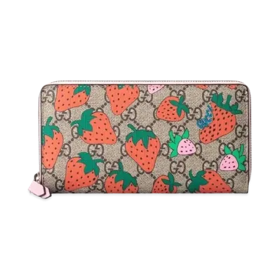 GUCCI Strawberry Print GG Supreme Zip Around Wallet