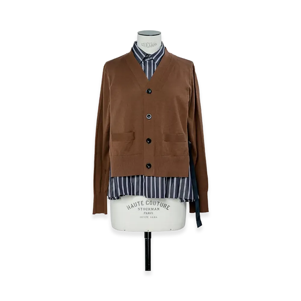 sacai Poplin Cotton Knit Cardigan "Brown/Navy Stripe"