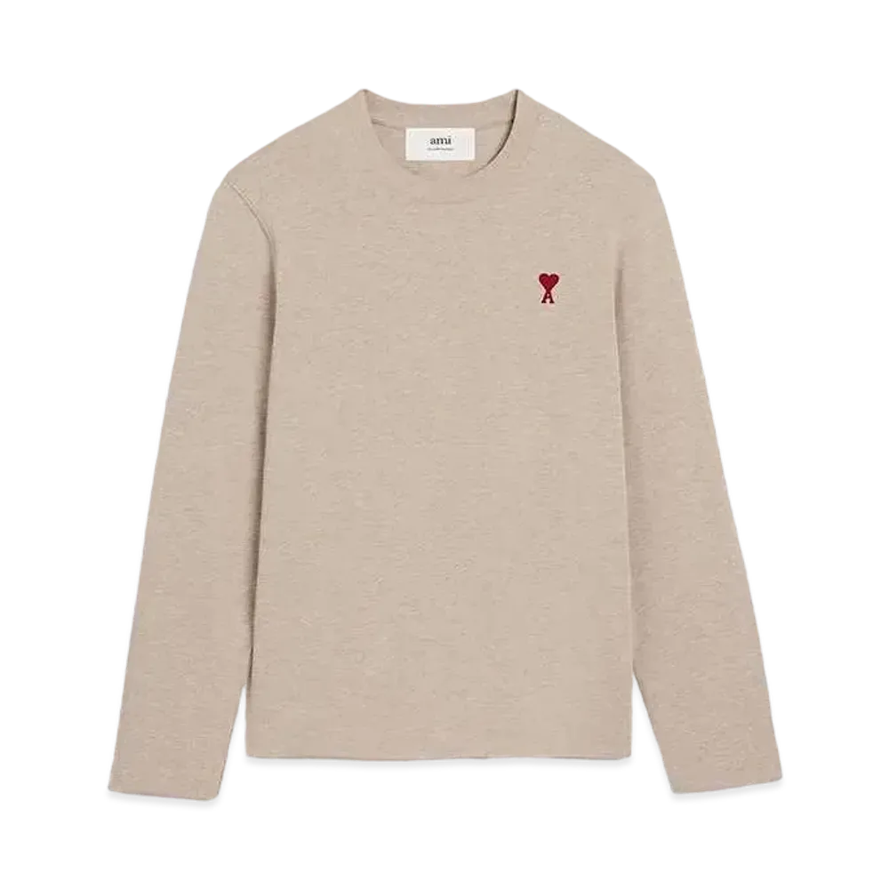 AMI PARIS Organic Cotton Heavy Jersey AMI DE COEUR Long Sleeve T-shirt "Heather Light Beige"