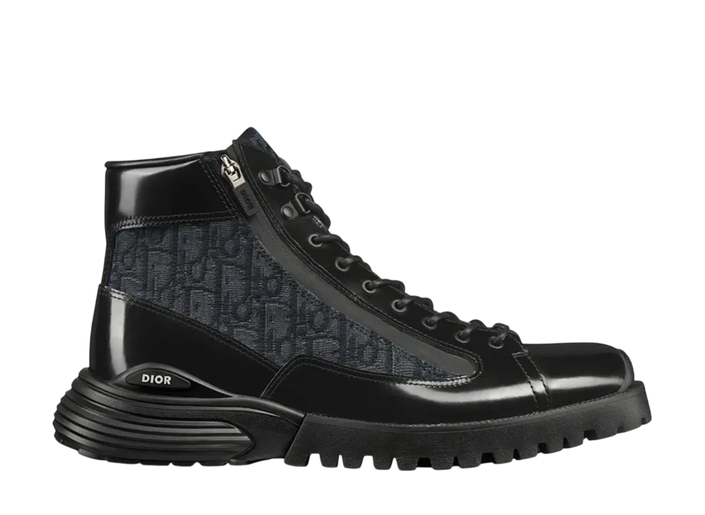 Dior Combat Ankle Boot Polished Calfskin and Dior Oblique Jacquard "Black"
