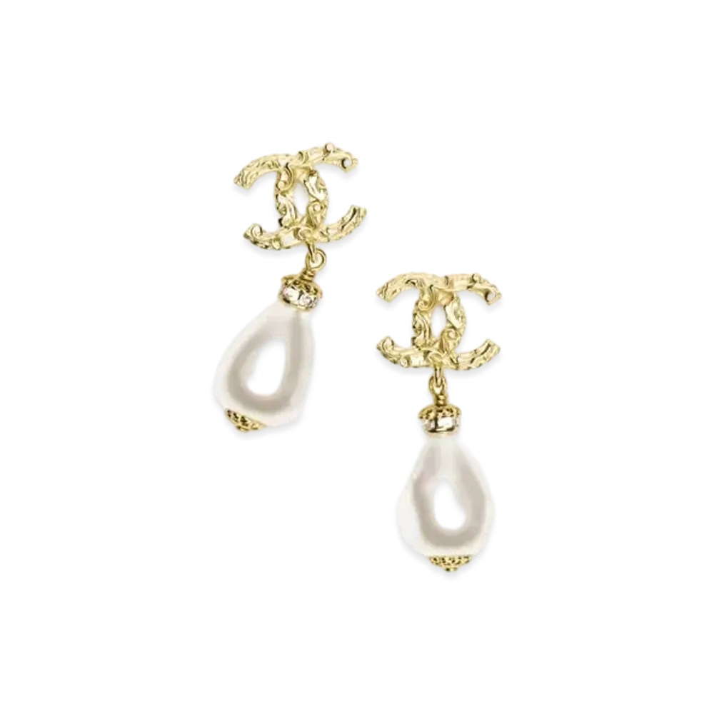 CHANEL Pendant Earrings Metal, Glass Pearls & Diamantes "Gold/Pearly White/Crystal"