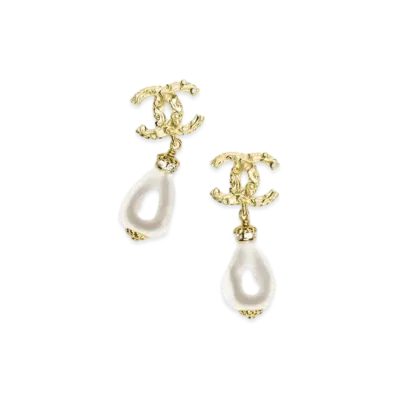 CHANEL Pendant Earrings Metal, Glass Pearls & Diamantes "Gold/Pearly White/Crystal"