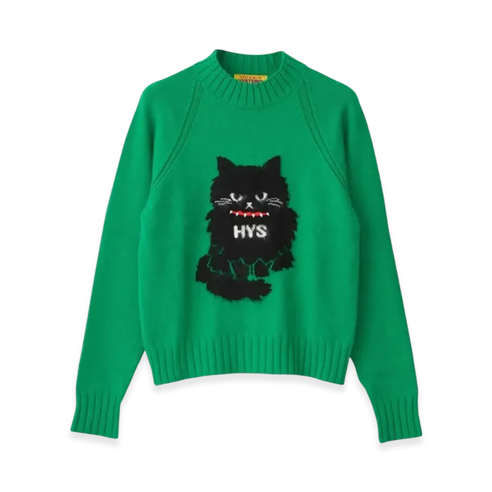 HYSTERIC GLAMOUR Black Cat Jacquard Sweater "Green"