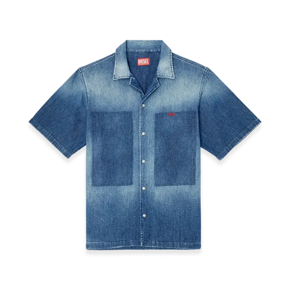 Diesel D-Nabil-D Bowling Shirt In Contrast-Effect Denim "Medium Blue"