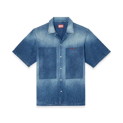 Diesel D-Nabil-D Bowling Shirt In Contrast-Effect Denim "Medium Blue"
