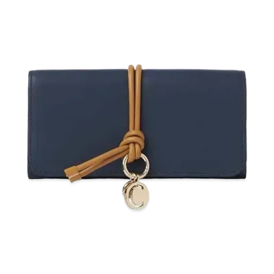 Chloe Women's Alphabet Long Wallet For With Flap In Shiny Calfskin With Leather Tubular Link "Navy"