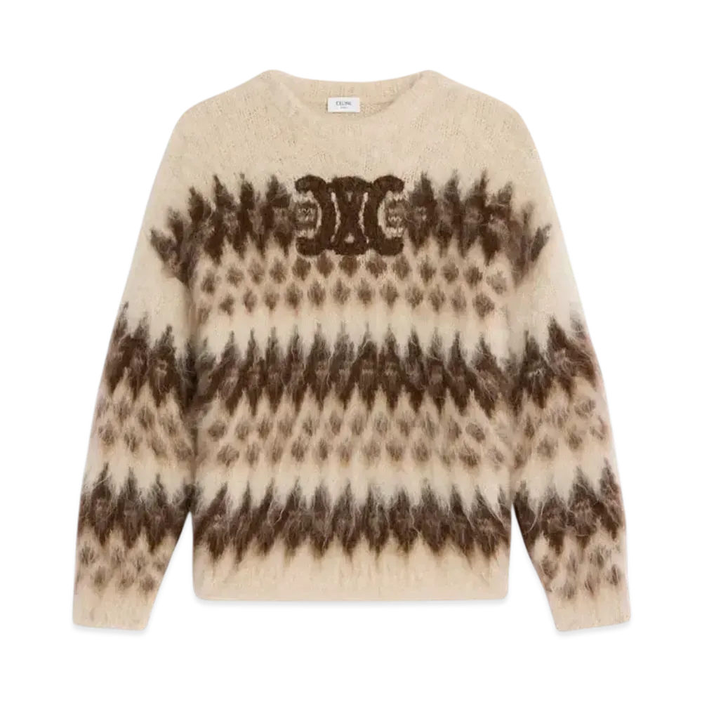 CELINE Women's Crew Neck Sweater in Fair Isle Mohair "Brown/Ecru"