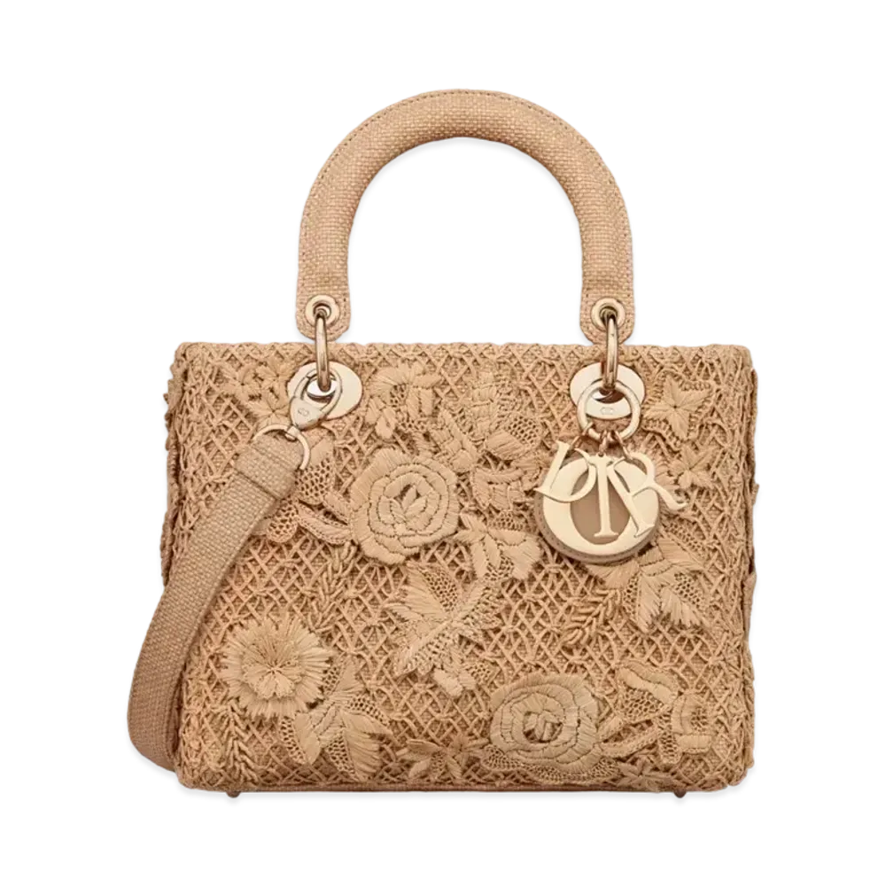 Dior Medium Lady D Lite Bag Embroidered 3D Flowers Raffia "Natural"