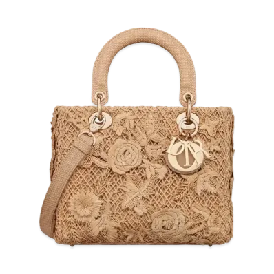 Dior Medium Lady D Lite Bag Embroidered 3D Flowers Raffia "Natural"
