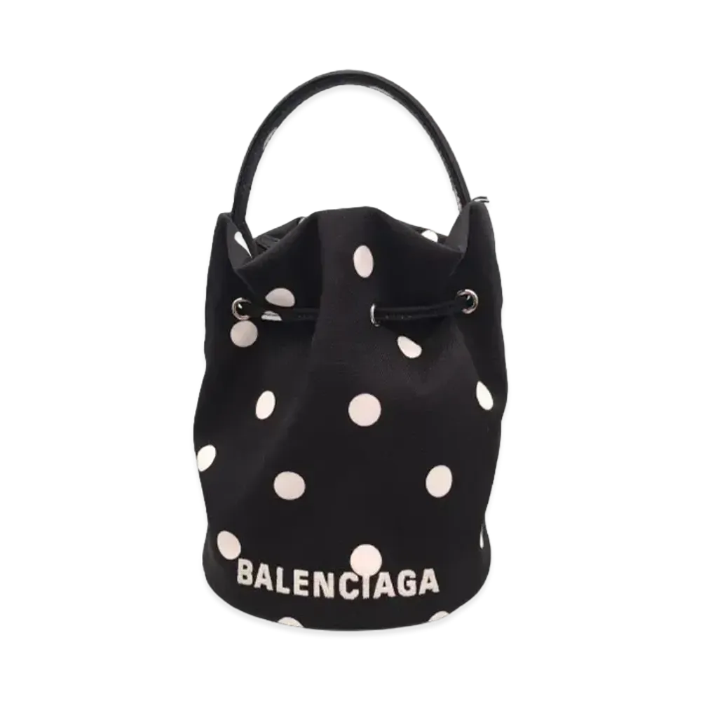 BALENCIAGA Wheel XS Drawstring Bucket Bag In Sprayed Polka Dots Printed Recycled Nylon "Black"