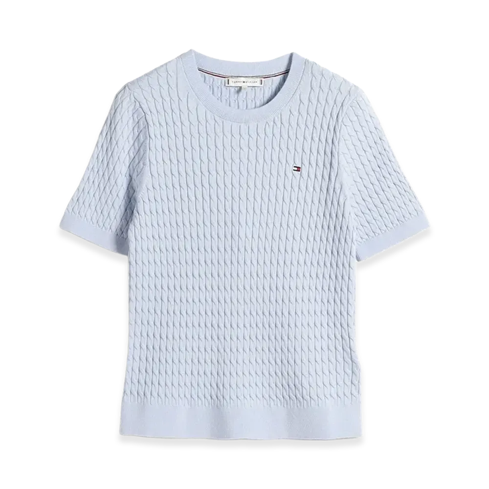TOMMY HILFIGER Women's Cotton Cable Fine Gauge Crewneck S/S Sweater "Light blue"