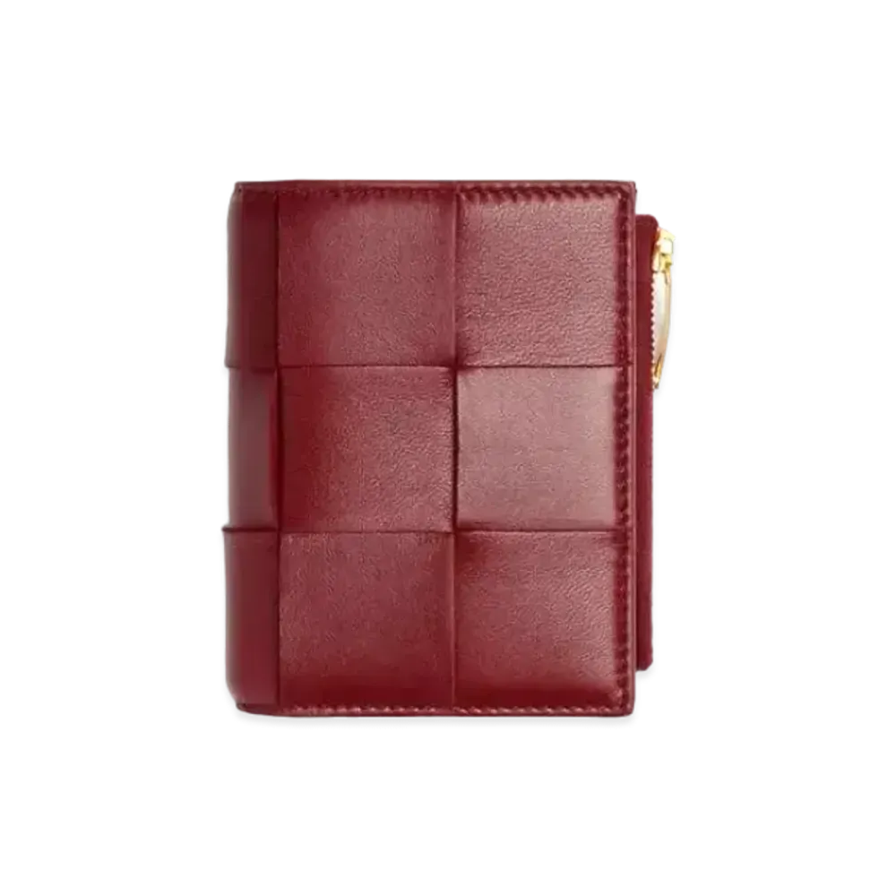 Bottega Veneta Casette Maxi Intrecciato Lambskin Bi-fold Zippered Wallet "Bordeaux"