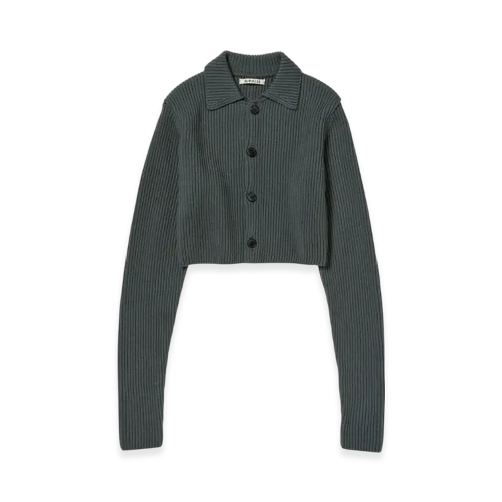 AURALEE Super Fine Wool Soft Rib Knit Cropped Shirt Cardigan "Gray"