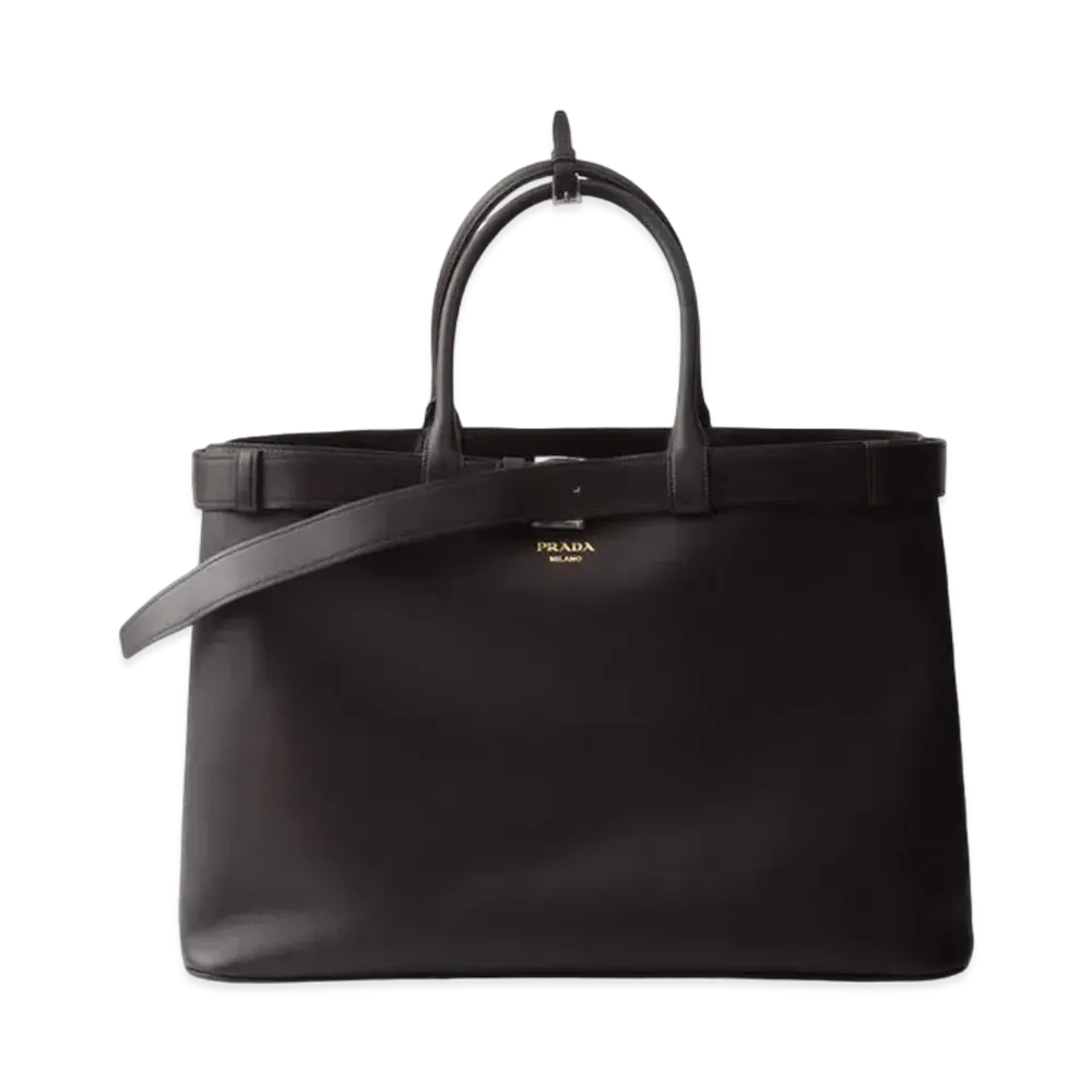 PRADA Buckle Leather Bag with Belt "Dark Brown"