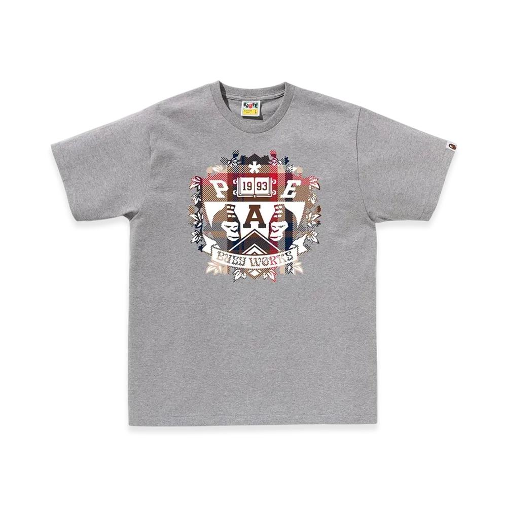 A BATHING APE Bape Check University Emblem Tee "Gray/Red"