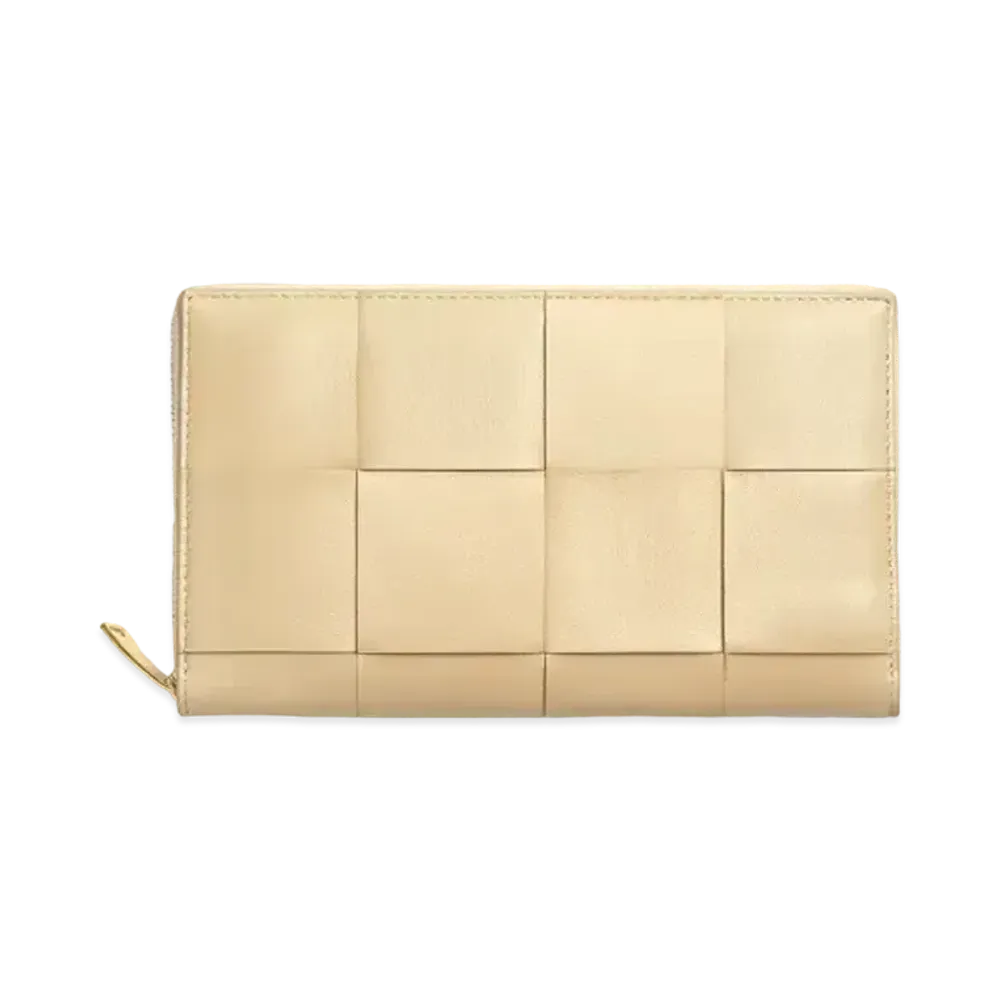 Bottega Veneta Casette Maxi Intrecciato Lambskin Calfskin Bi-fold Zip Around Wallet "Porridge"