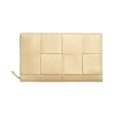 Bottega Veneta Casette Maxi Intrecciato Lambskin Calfskin Bi-fold Zip Around Wallet "Porridge"