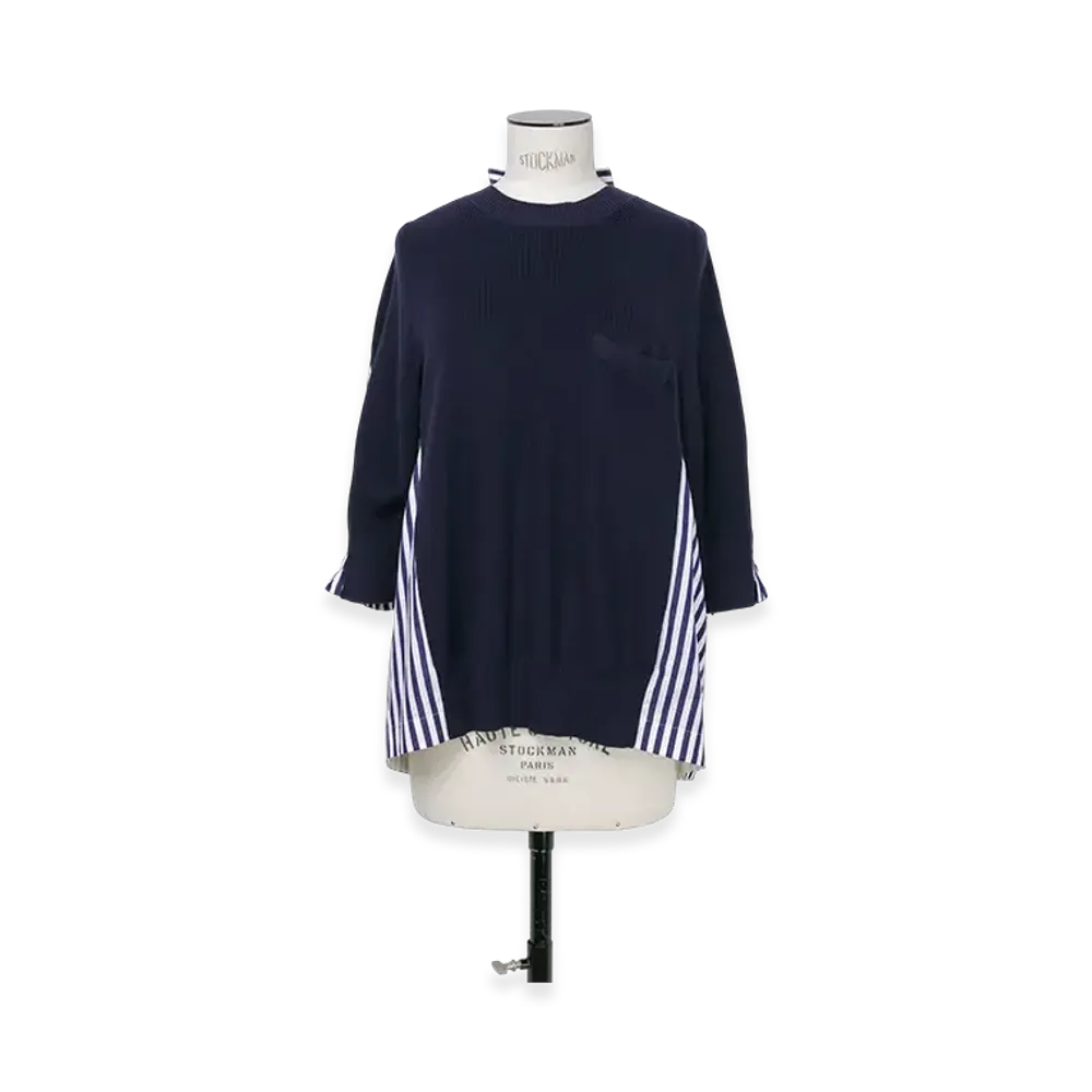 sacai Cotton Knit x Cotton Poplin Pullover "Navy/Navy Stripe"