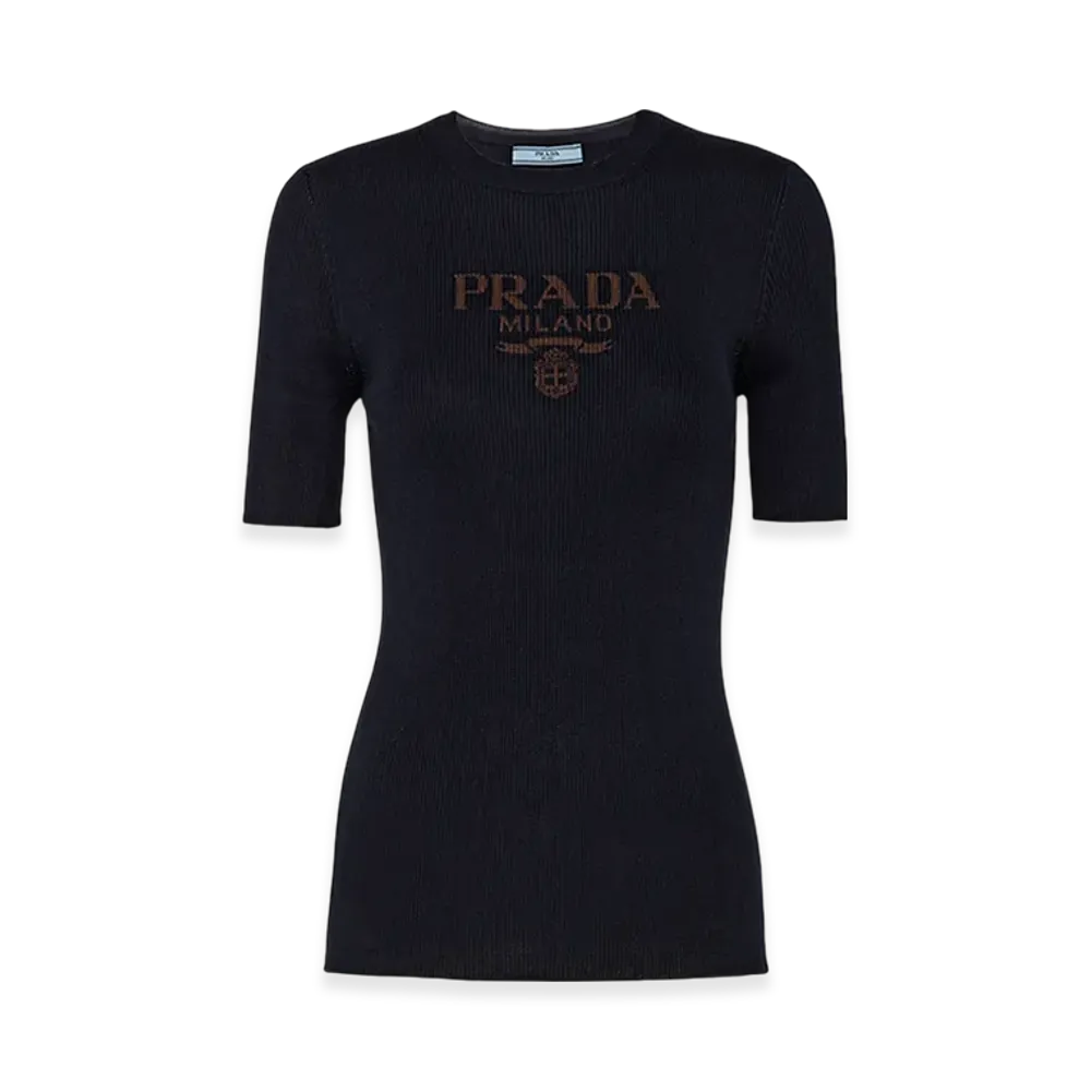 PRADA Women's Silk Crew Neck Sweater with Logo "Navy"
