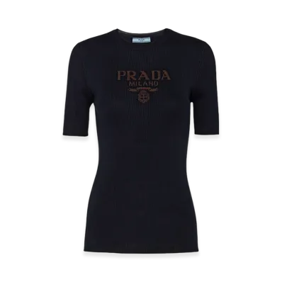 PRADA Women's Silk Crew Neck Sweater with Logo "Navy"