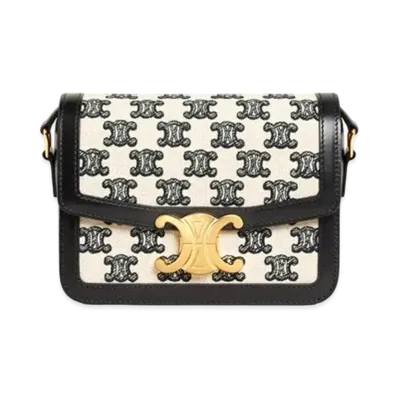 CELINE Teen Triomphe Bag In Textile With Triomphe Embroidery And Calfskin "Black"