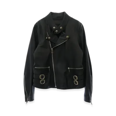 Chrome Hearts Cross Ball Button Dagger Zip Scroll Label Gunslinger Leather Semi Double Riders Jacket "Black"