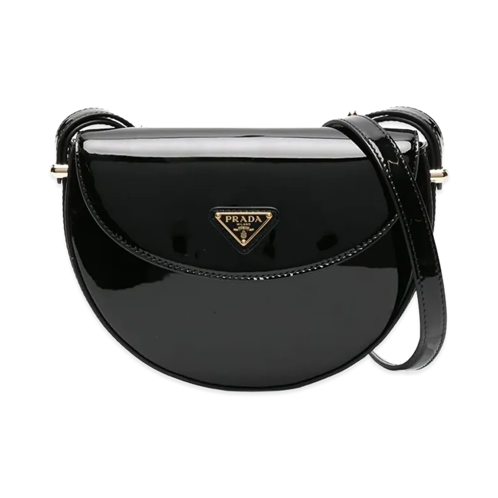 PRADA Wonen's Triangle-Logo Patent Leather Shoulder Bag "Black"