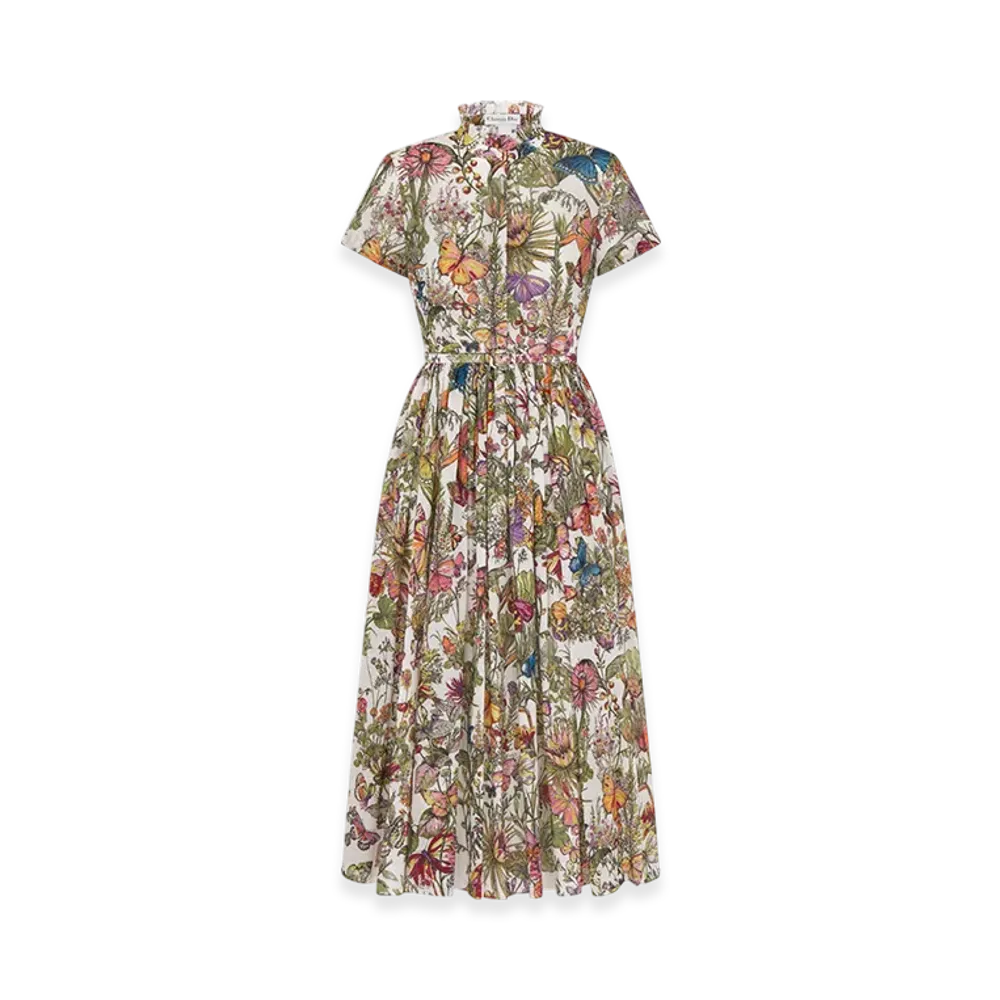 Dior Women's Mid-Length Shirt Dress Voile Mexico Millefiori Motif "Multicolor"