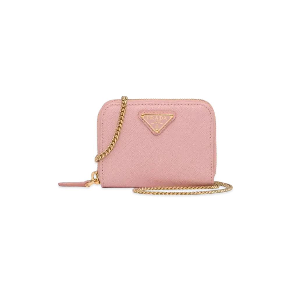 PRADA Saffiano Leather Card Holder With Shoulder Strap "Pink"