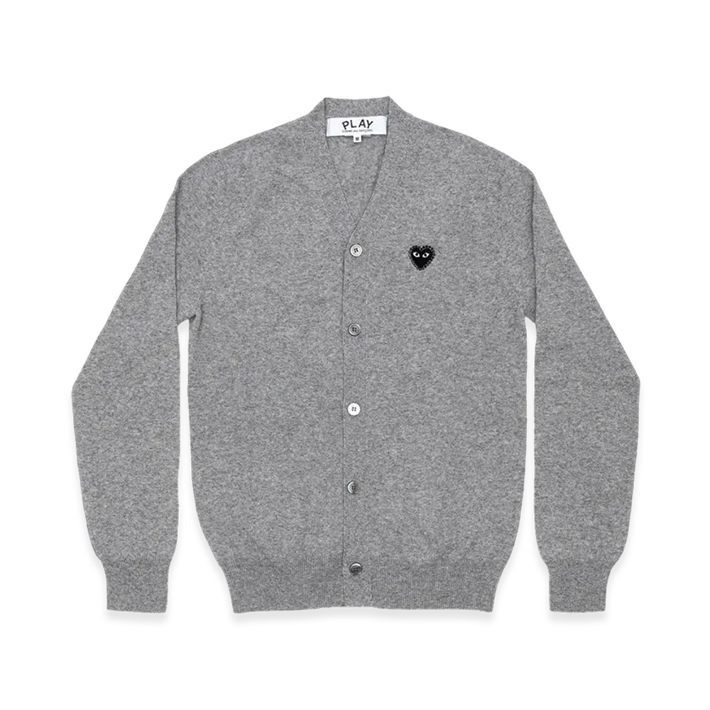 PLAY COMME des GARCONS Unisex V-Neck Cardigan with Emblem x Rhinestone "Top Light Gray"