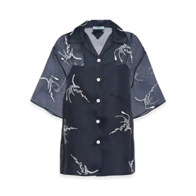 PRADA Women's Embroidered Organza Shirt "Ink Blue"