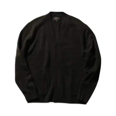 BEAMS Cardigan Elbow Patch 7G "Olive"
