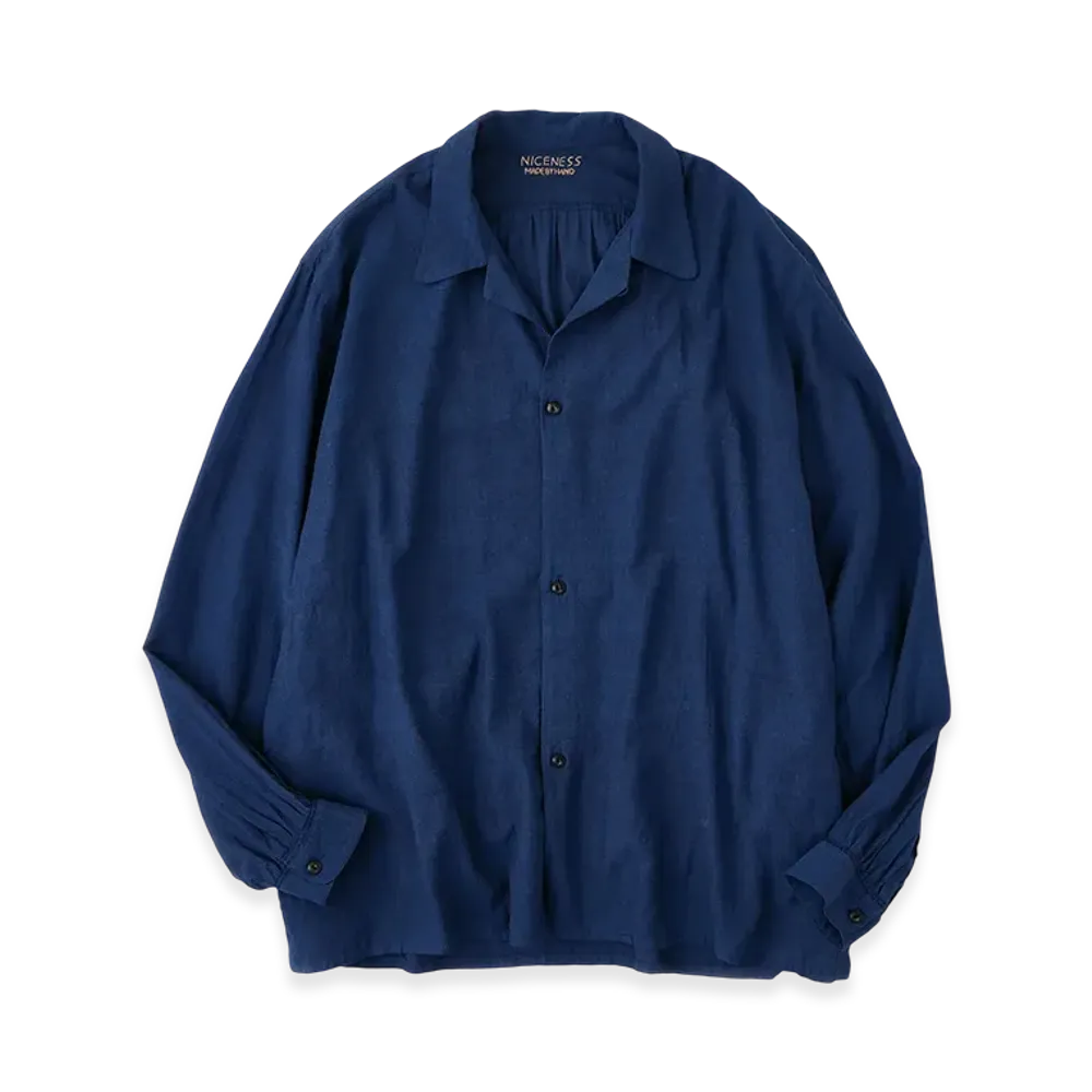 NICENESS S.Thom Heather Chambray Open-Collar Shirt "Blue"