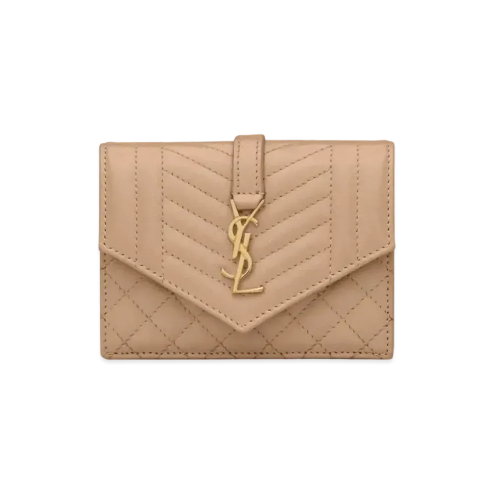 SAINT LAURENT Monogram Card Case In Mix Matelasse Grain De Poudre Embossed Leather "Dark Beige"